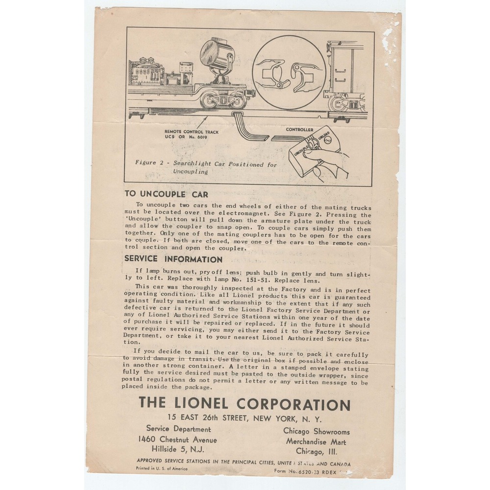 Vintage Lionel No 6520 Searchlight Car Instruction Sheet O Gauge Train Manual - Picture 2 of 2